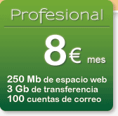 Profesional. 8€/mes. 250 Mb de espacio web. 4 Gb de transferencia. 200 cuentas de correo