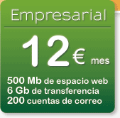 Empresarial. 13€/mes. 600 Mb de espacio web. 12 Gb de transferencia. 300 cuentas de correo